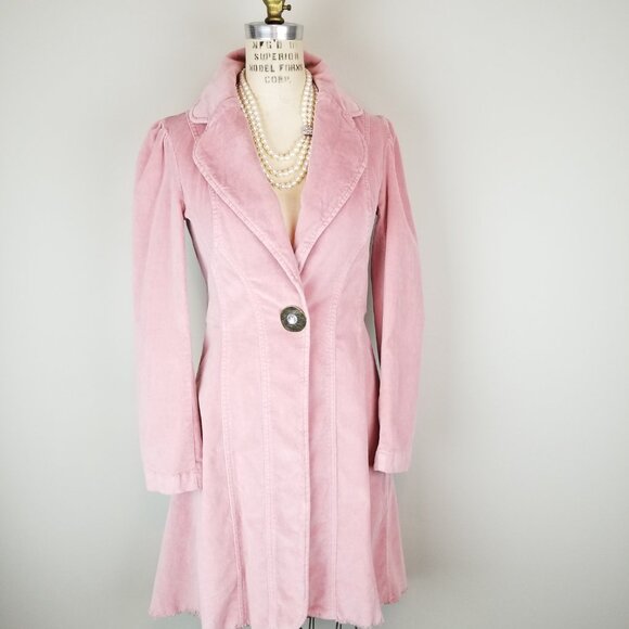 Vintage 1990's Bisou Bisou Pink Velvet Fitted Collared Puff Sleeve Long Coat * M - Picture 5 of 13